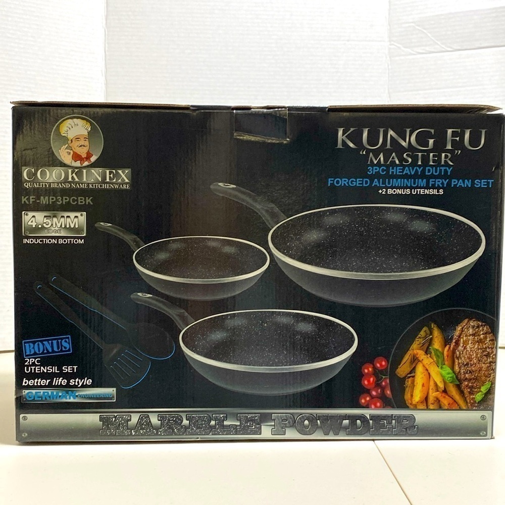 $99 NEW! Heavy Duty Forged Aluminum Fry Pan 3 Piece Set + 2 Bonus Utensils - Picture 2 of 13